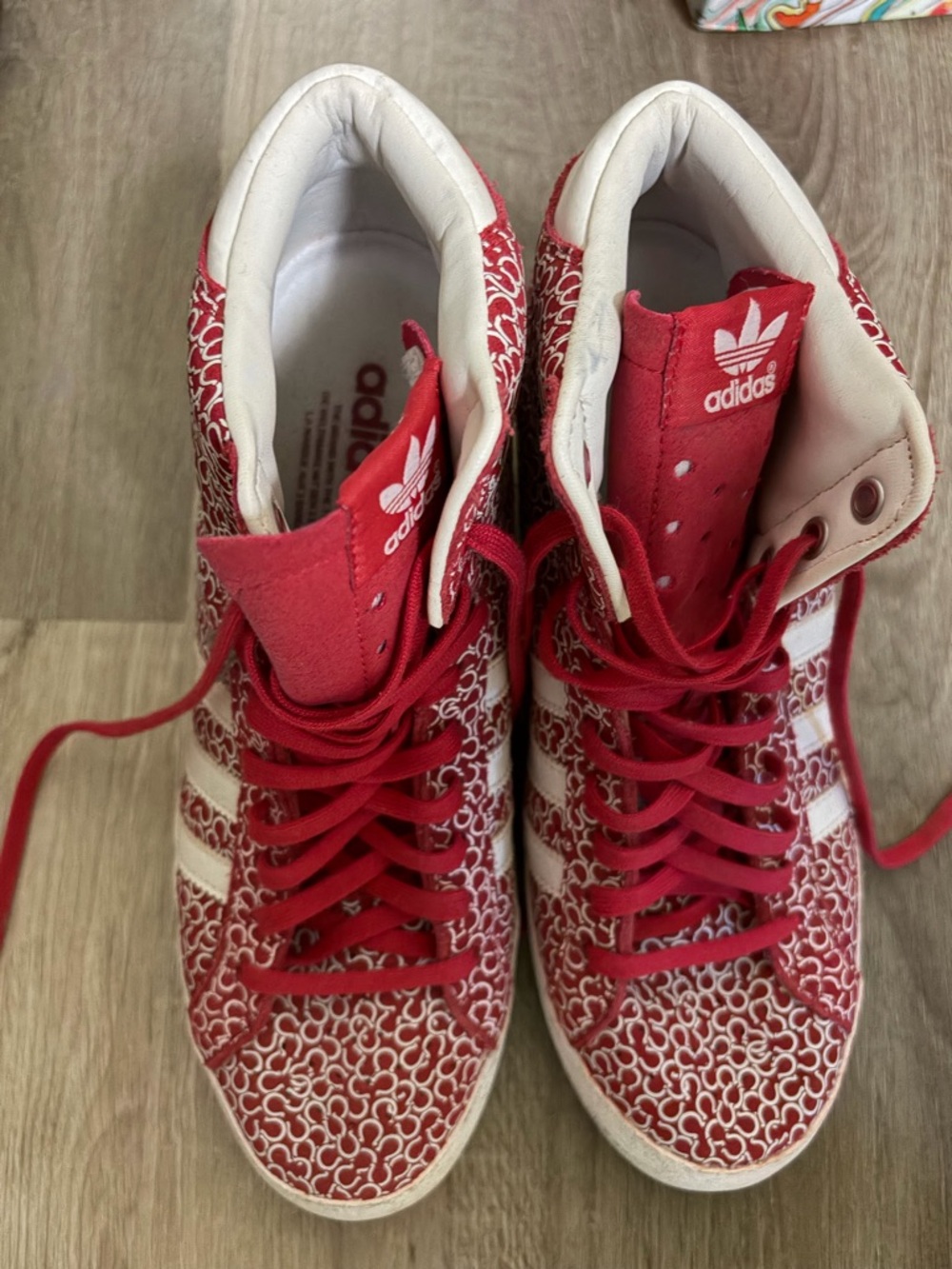 Adidas Wedge Red High-Top Sneakers with White Three Stripes